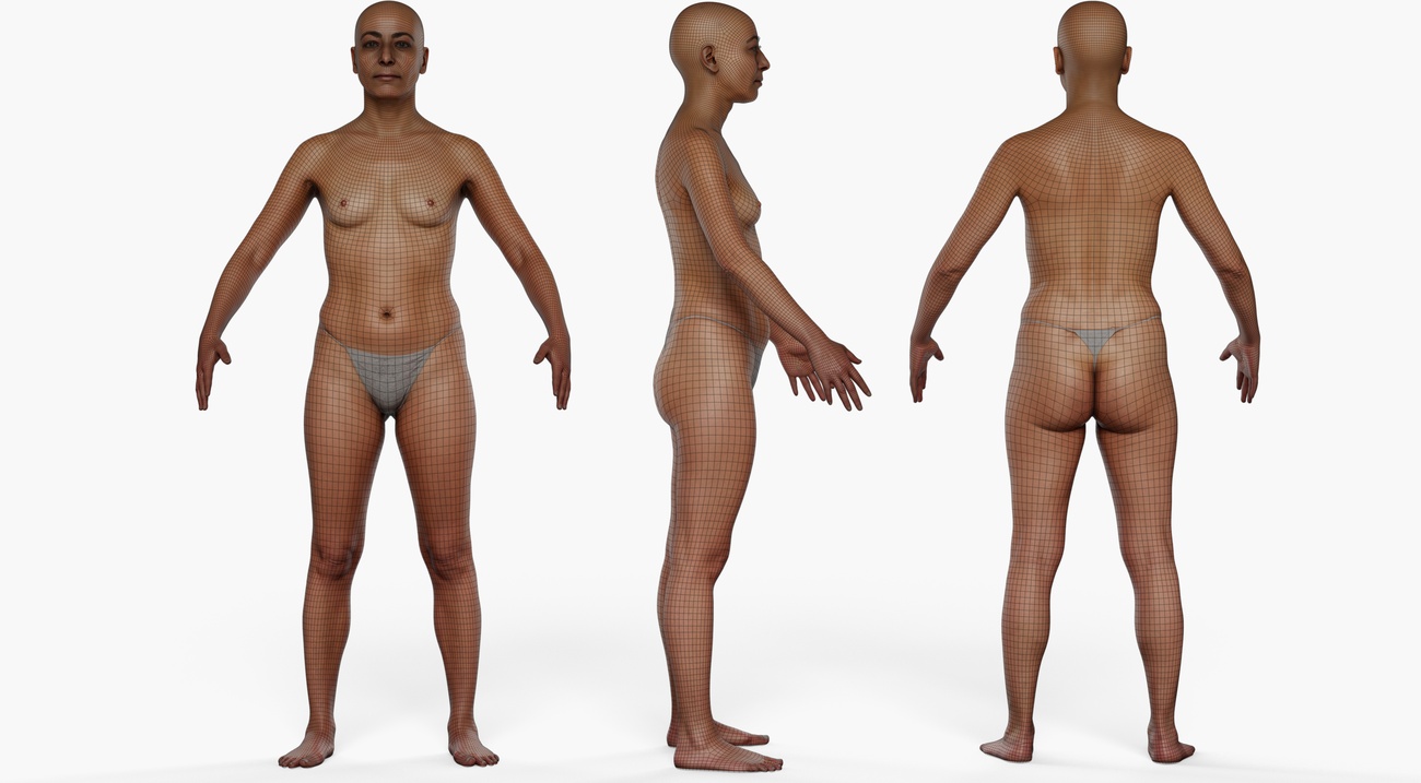 Wireframe topology overlay on a female 3D body scan, showing clean quad mesh edge loops across the full figure